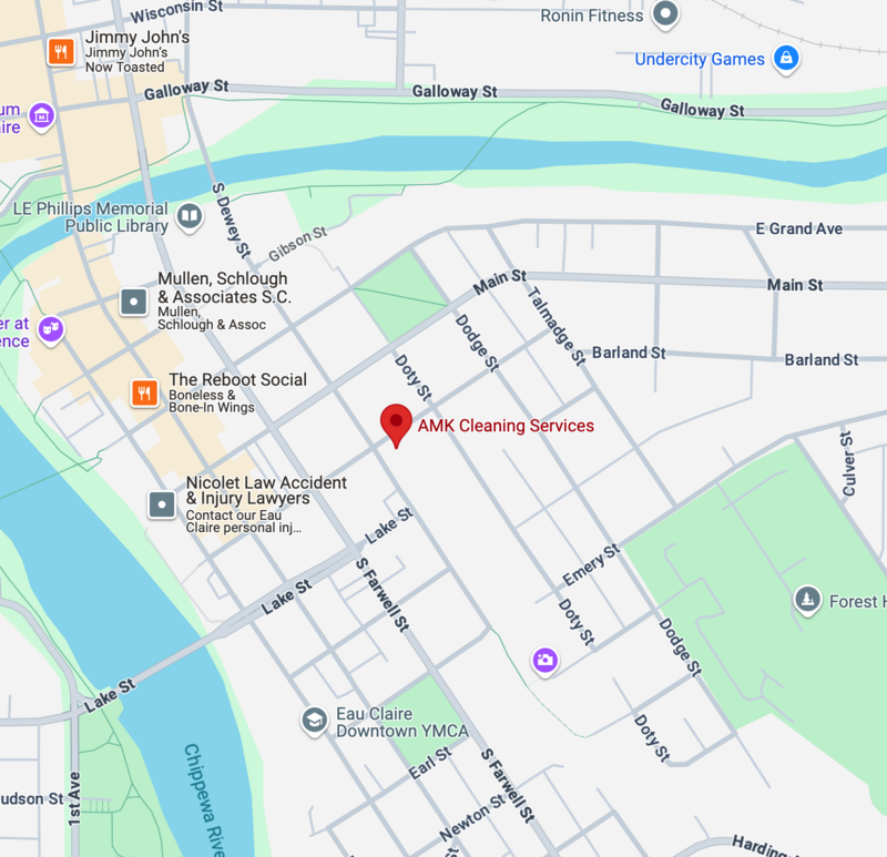 Google map showing the location of AMK Cleaning Services in Eau Claire, WI