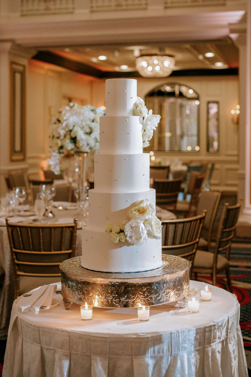 white-wedding-cake-in-glamorous-ballroom