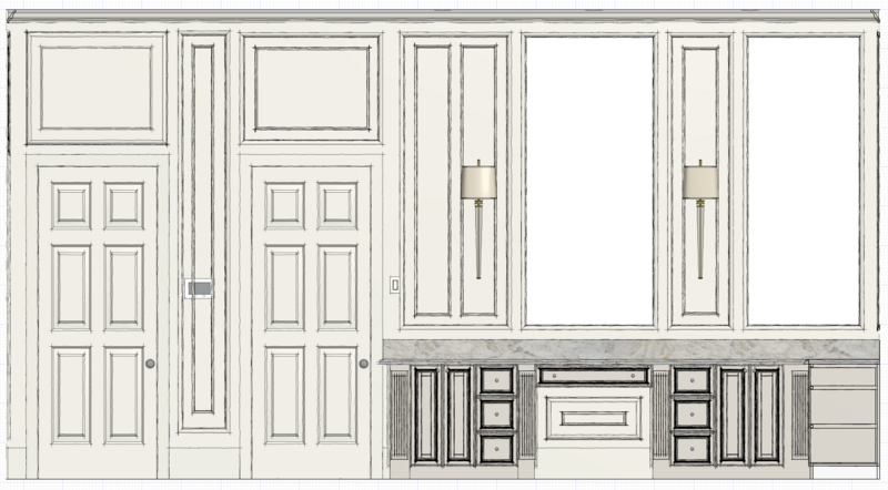 judges paneling to the ceiling. french country style bathroom. master suite elevation. cape charles interior design. kristina anne designs. mandeville lousianna. remote bathroom design. virtual bathroom design. 