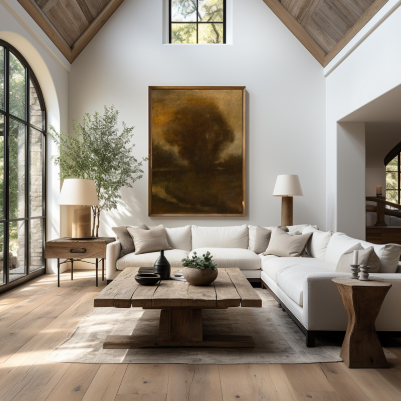 Oil painting by Jane Mishkind in a well designed interior with a cream couch and wooden end table