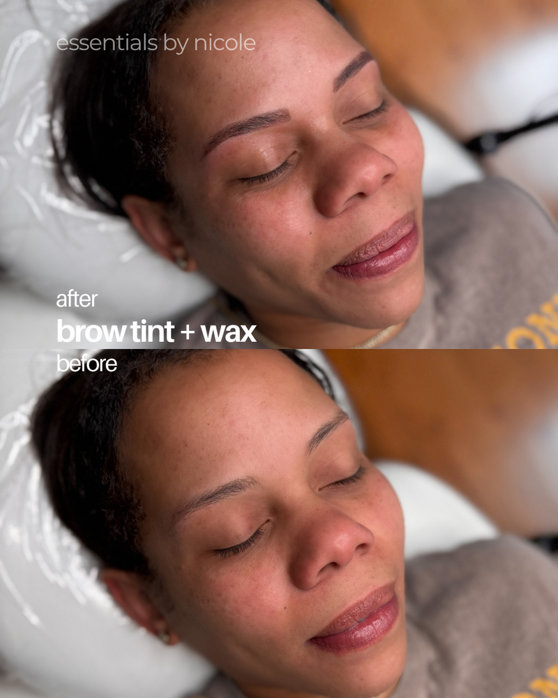Brow tint and wax before and after transformation on client with minimal natural shape. Defined, structured brows created through custom mapping and tinting.