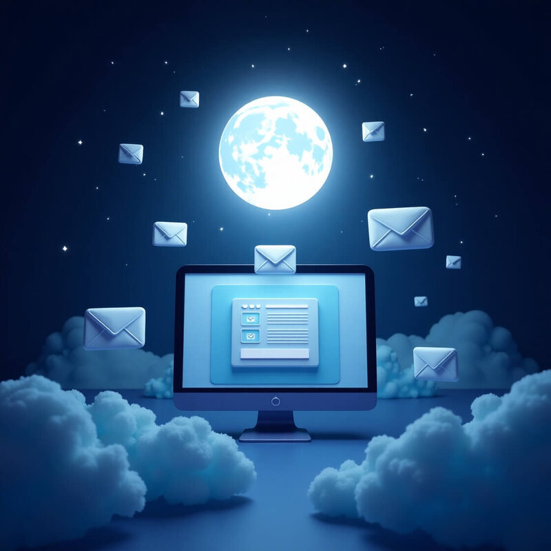 Écran d’ordinateur affichant une interface de création de newsletter sous une pleine lune, entouré d’icônes d’enveloppes flottantes, illustrant le pack Emailing de Lili Créa Design à Saint-Nazaire