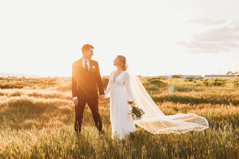 golden hour bride and groom photos in a field
