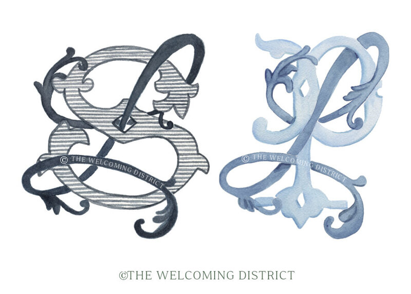 Watercolor wedding monograms by Shuler Studio and The Welcoming District.