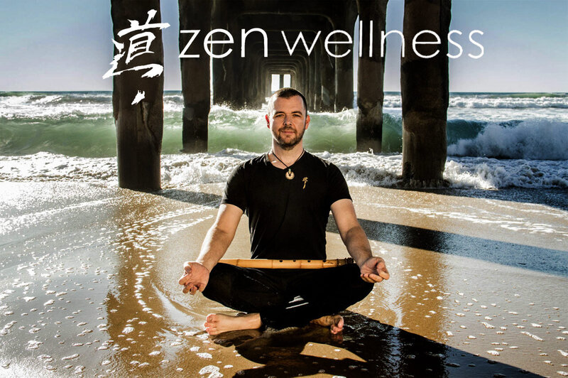 Branding portrait Jason Campbell sitting in lotus position in water beneath pier wood flute in lap Zen Wellness logo above him