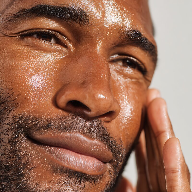 close-up of Black man with beard gently rubbing in moisturizer, hydrated glowing skin