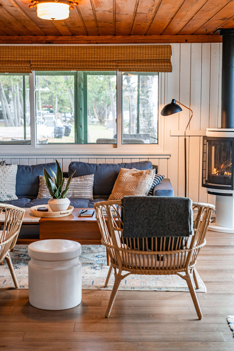 Cozy neutral living room in lake house