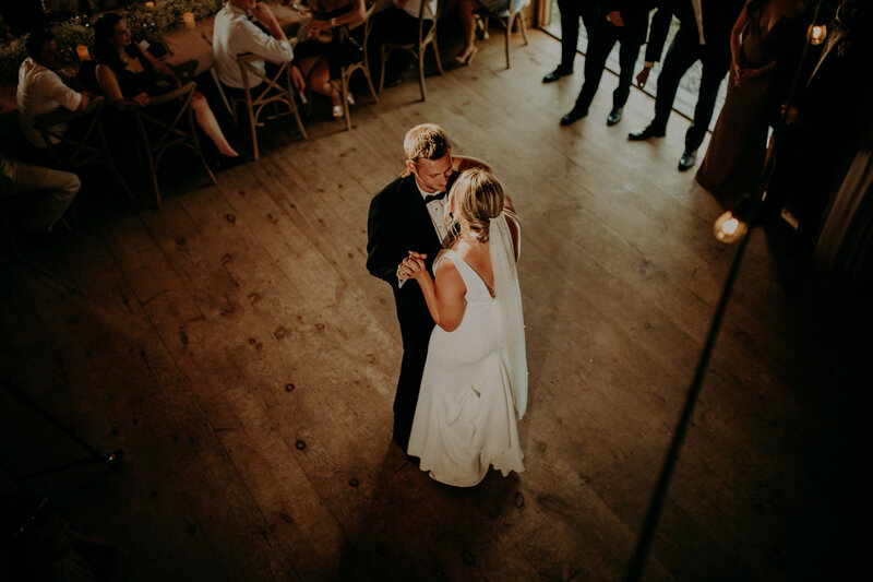 aerial view of couples first dance on their wedding day