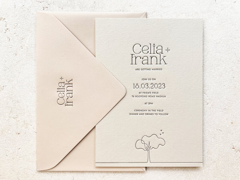 Celia letterpress  printed invitation and envelope