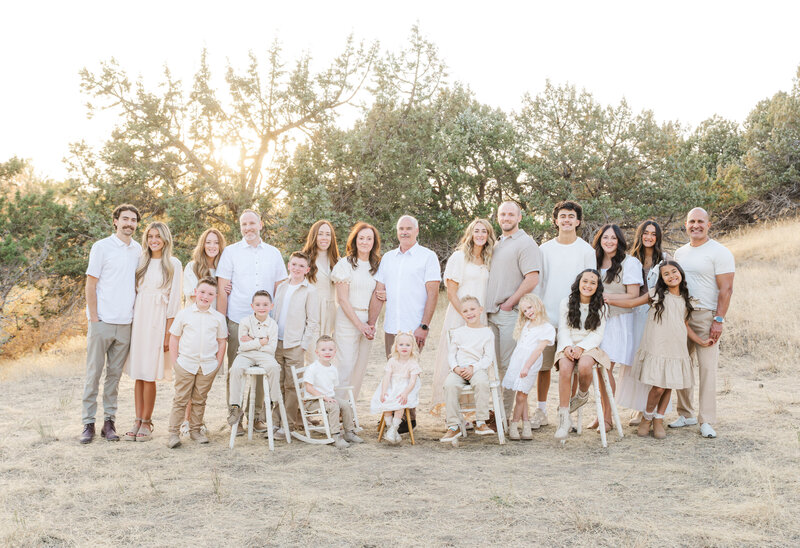 Idaho Falls Family Photographer | Extended Family Session | Heise Hot Springs | Cream/tan/ white colors | Summer Family Photoshoot 