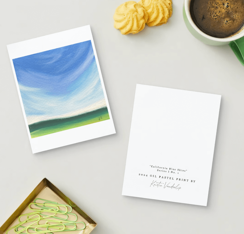 California blue skies no 1 front and back mock up white desk