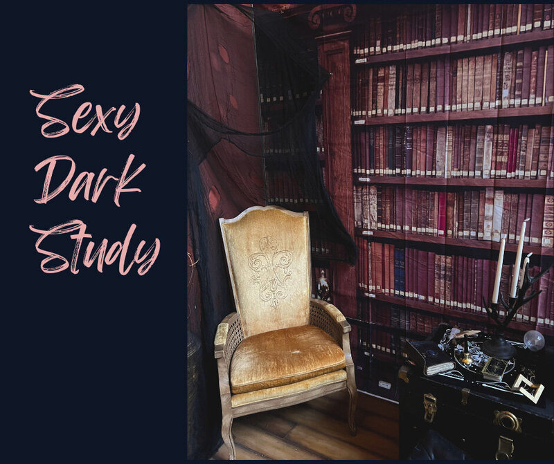 background of books and gold chair set in Minneapolis MN used for boudoir