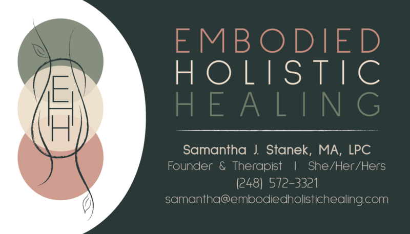 This image shows the front side of Samantha Stanek’s business card, which includes her contact information and the Embodied Holistic Healing submark logo.