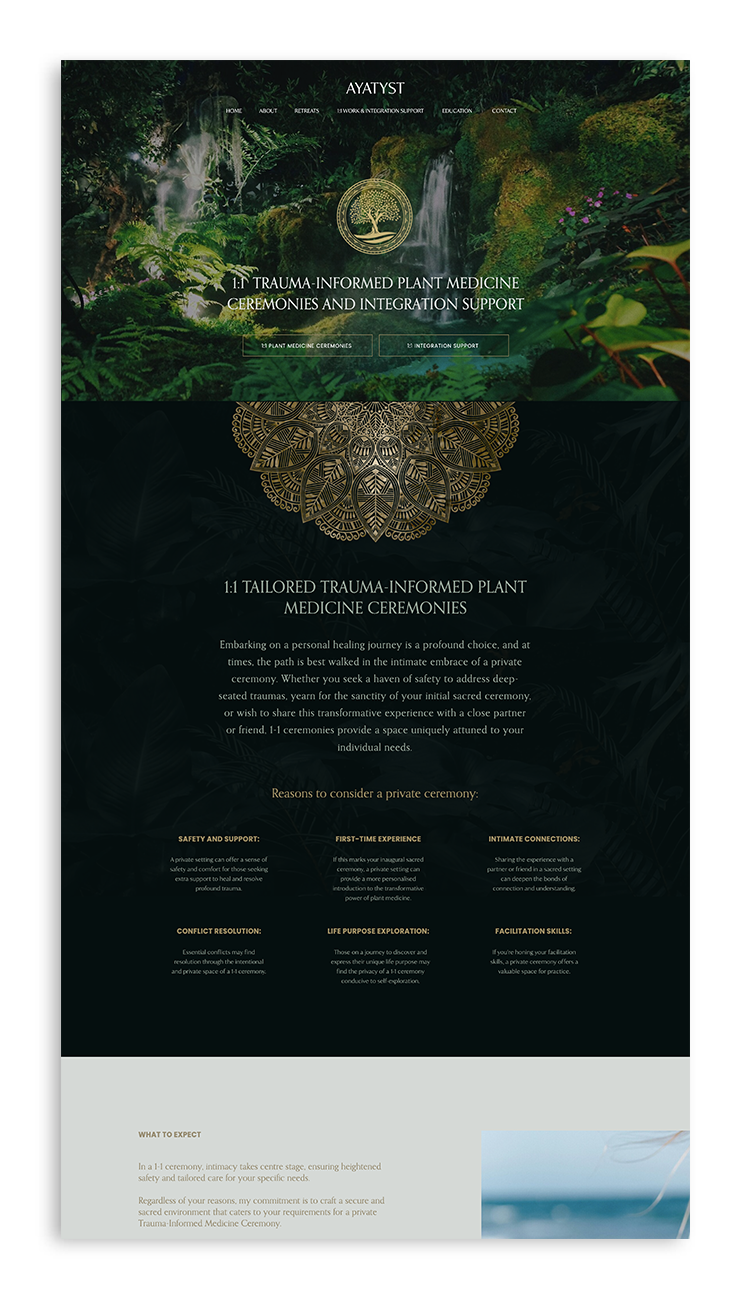Web Design mockup by Temple Dreams Studio for a plant medicine retreat facilitator