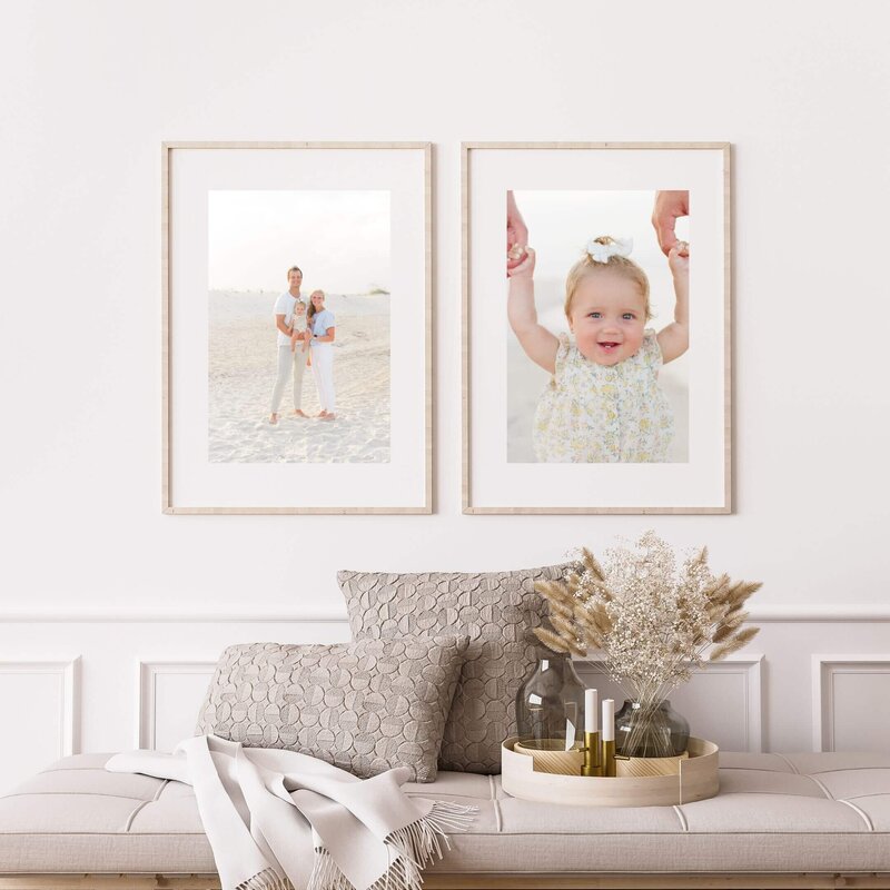 Photo of a mockup of family images in a beautiful neutral home framed from a recent beach family session taken by St Cloud Photographer