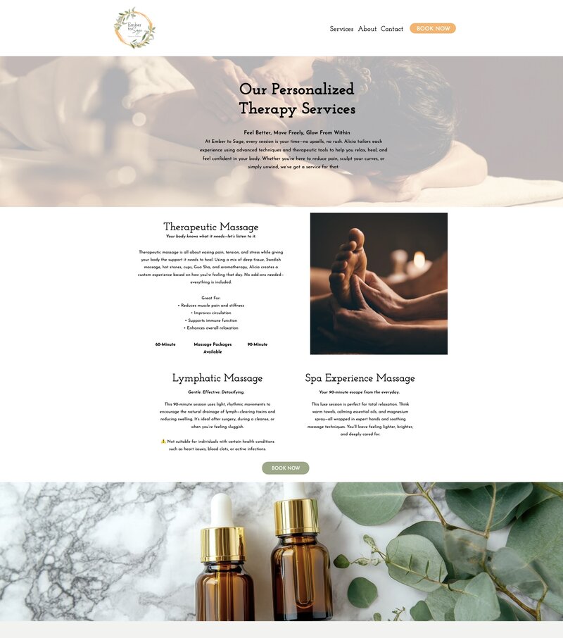 Ember to Sage massage therapy website featuring personalized massage and spa services