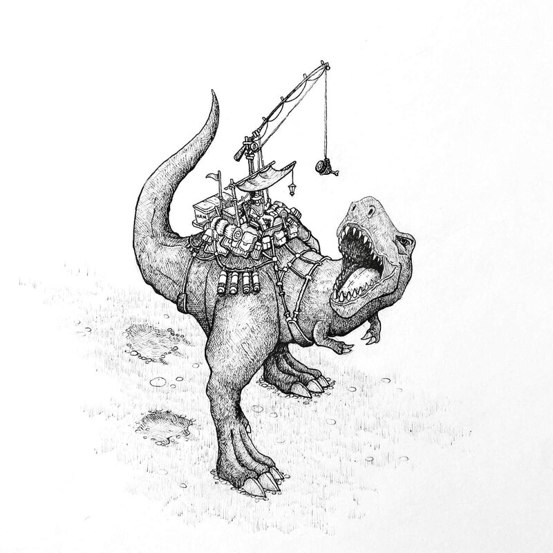 Isometric Pen and Ink illustration of a T Rex that has a rider with multiple bags and is luring the dinosaur with a ham on a fishing pole.