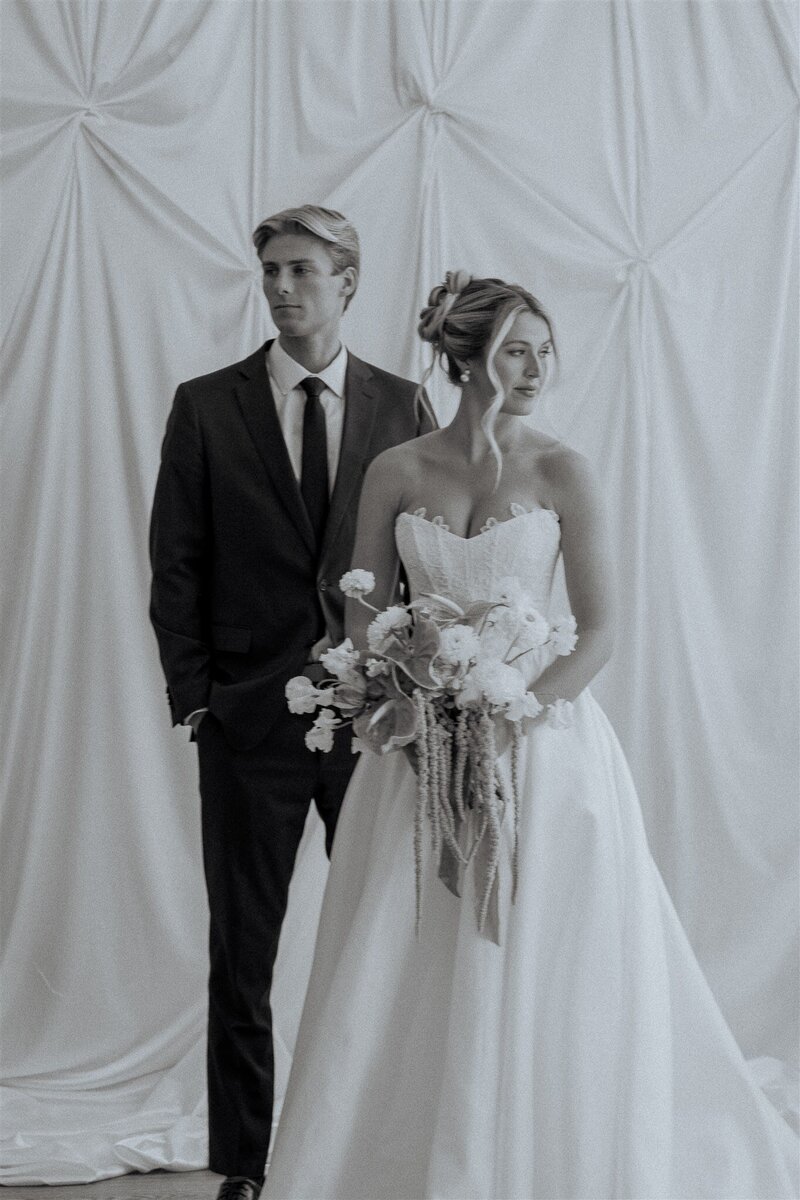 black and white close up of bride and groom