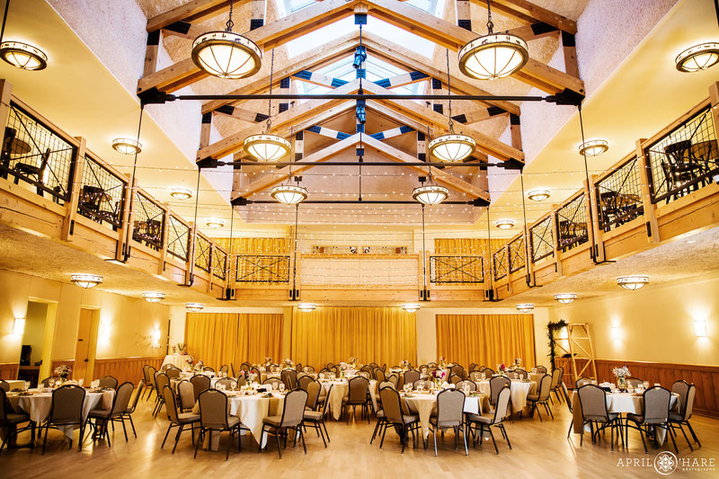Interior of Silverthorne Pavilion  Set up for wedding showing the skylights