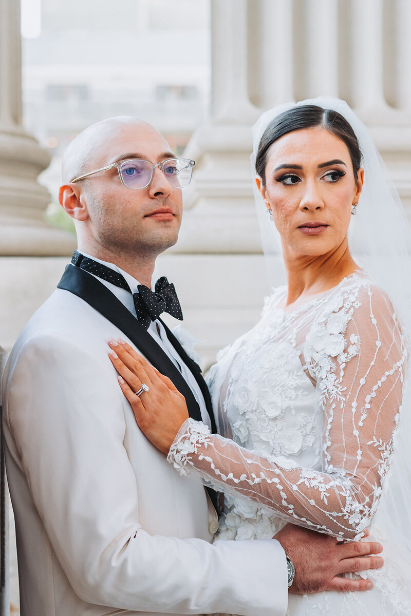 Bride and Groom Embracing on Art Museum Steps Phialdelphia