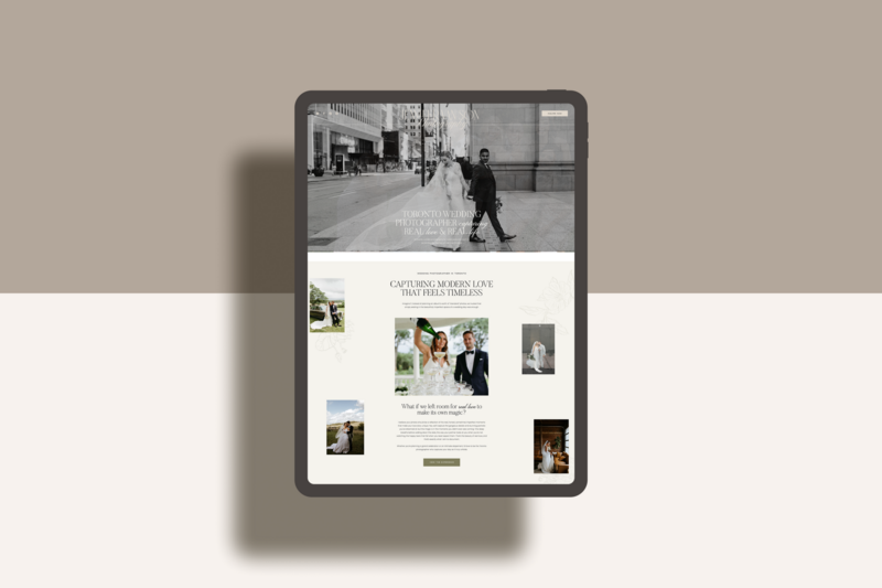 A tablet displays a wedding photography website created by a Showit design partner, featuring a black and white photo of a couple at the top and several smaller images and text sections below.