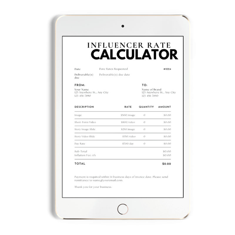 Influencer rates calculator displaying recommended pricing