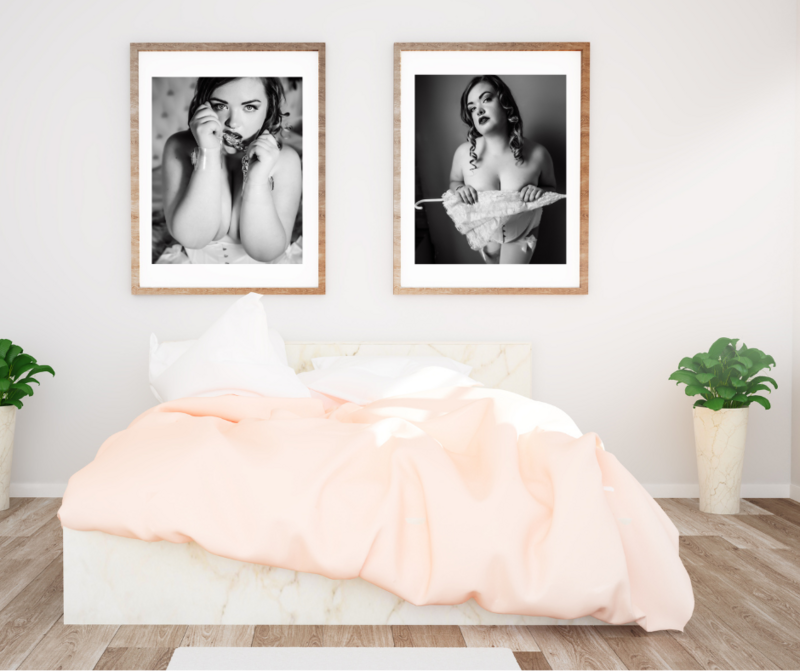 Wall art  of two black and whit photos of a woman who had a boudoir session in Minneapolis Mn