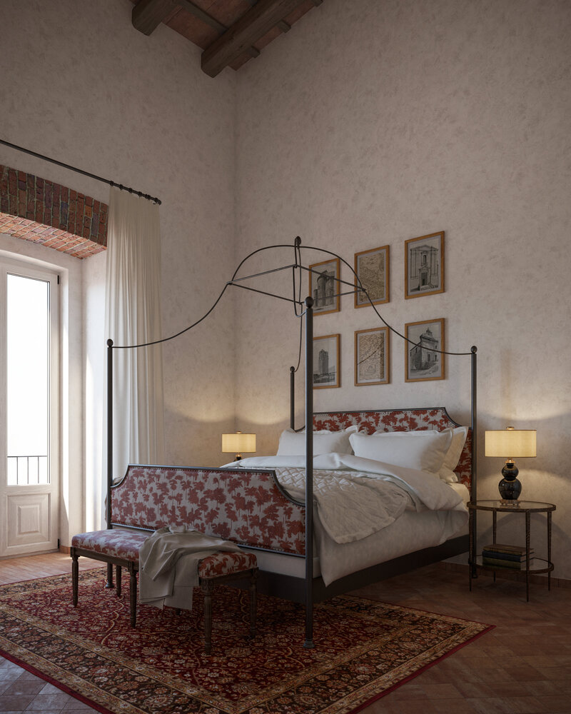 Stilvolles Hauptschlafzimmer im Palazzo Ricci in Casoli, Italien – mit Himmelbett und gemustertem Stoff, antiker Bank, gerahmter Vintage-Kunst, warmem Licht und traditionellem italienischem Architekturcharme
