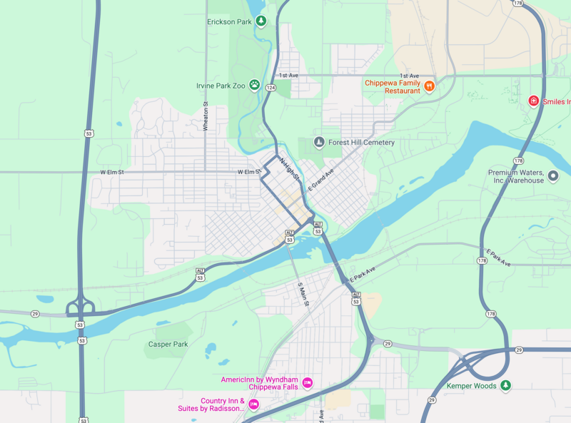 Google map showing the location of AMK Cleaning Services in Chippewa Falls, WI