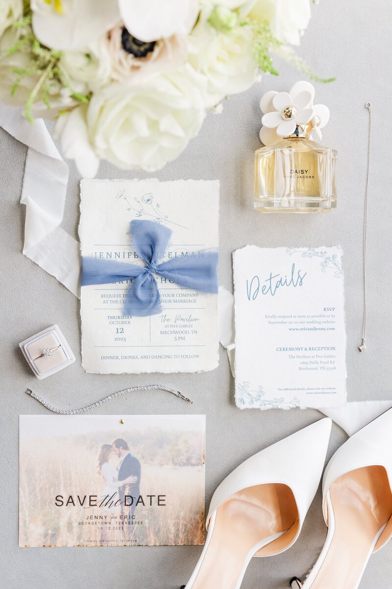 wedding invitations, jewelry, and bridal shoes