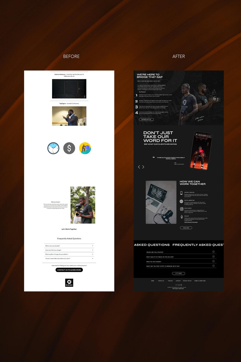 A before-and-after comparison of a social media agency website redesign—elevating brand identity, improving user experience, and refining design to attract its target audience.