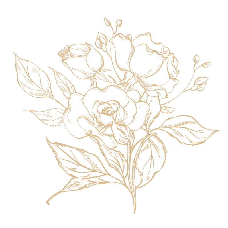 A beige line drawing of a rose bouquet with three blooming roses and several leaves.