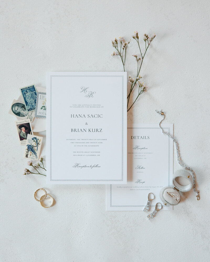 flat lay of wedding stationery suite