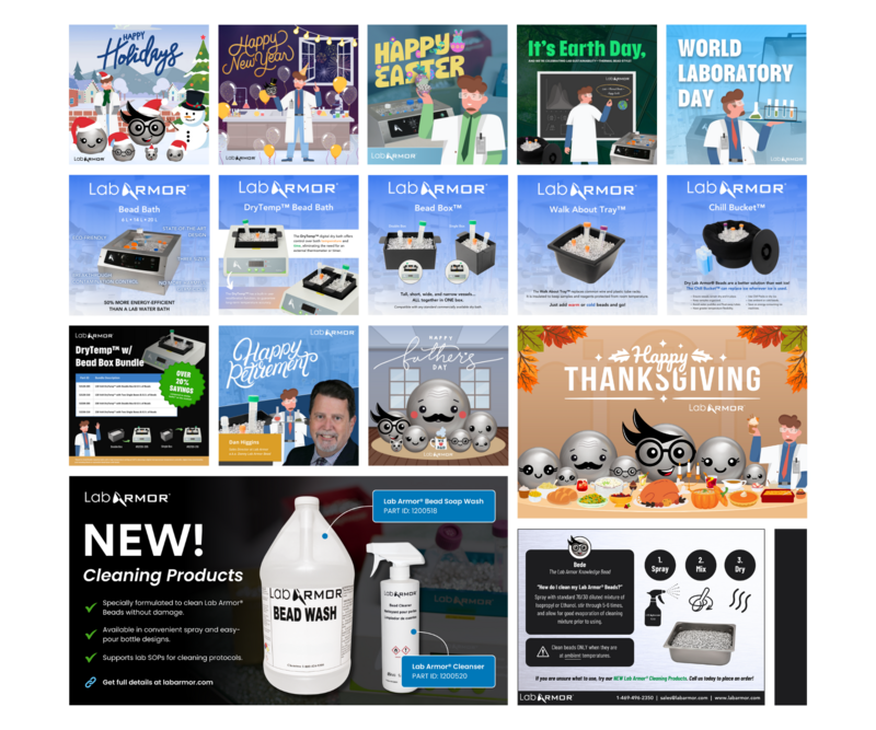 Branded social media graphics for Lab Armor® LLC featuring their scientist character and happy bead mascots