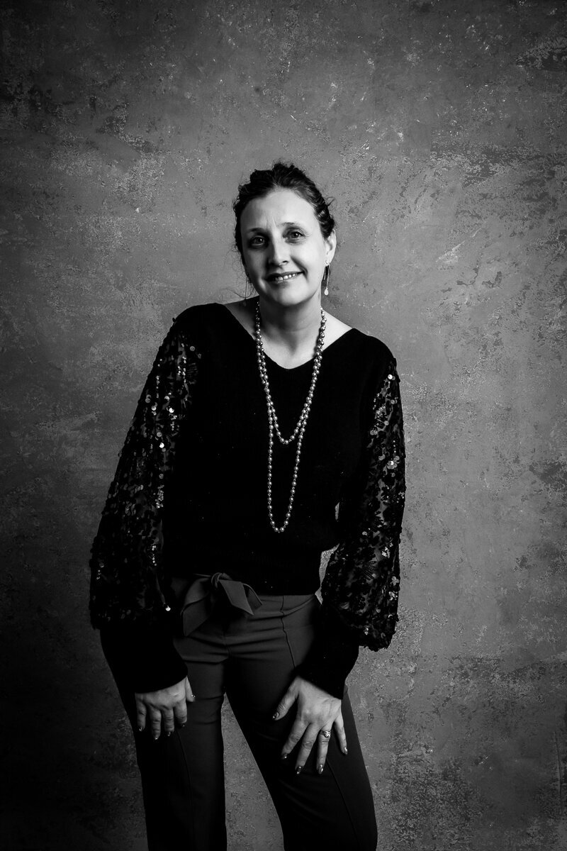 Black and white photo of Heidi at the Pittsburgh studio
