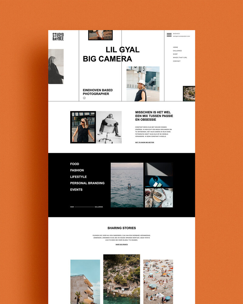 Minimalistische website van Studio Baybee, een fotograaf uit Eindhoven, met focus op fashion, branding en storytelling.
