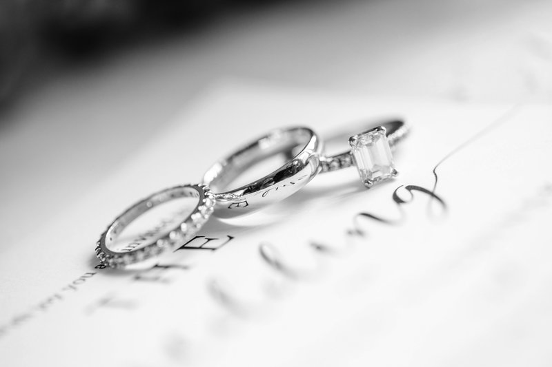wedding rings laying on invitations