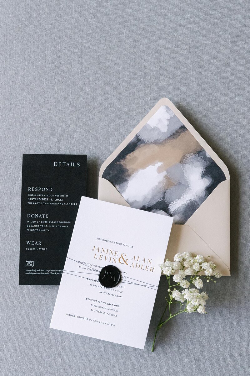 black and white gold foil wedding invitation in Phoenix, AZ