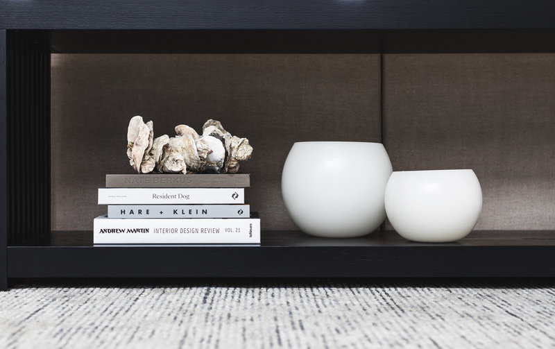 Amanda Wyeth Design| Sideboard Book Stack|Oyster Shell Colour|Monochrome Living Room