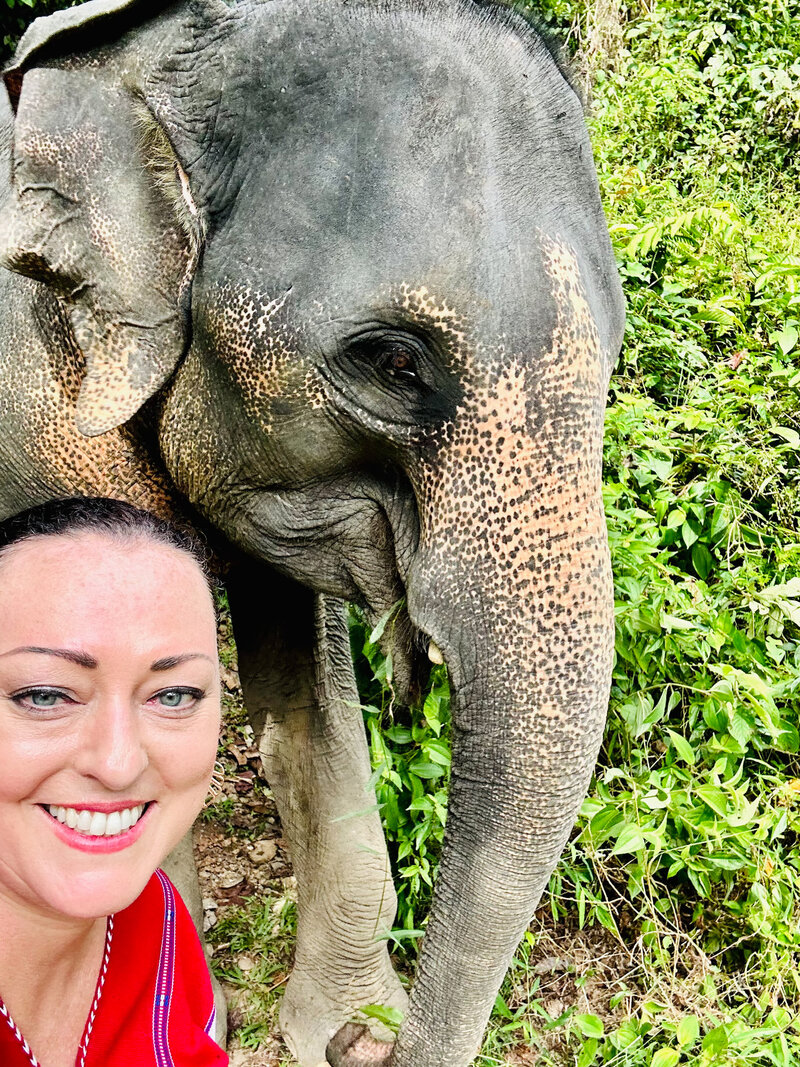 A smiling traveler takes a selfie with a friendly elephant in a lush green sanctuary, showcasing unique honeymoon and destination wedding travel experiences.