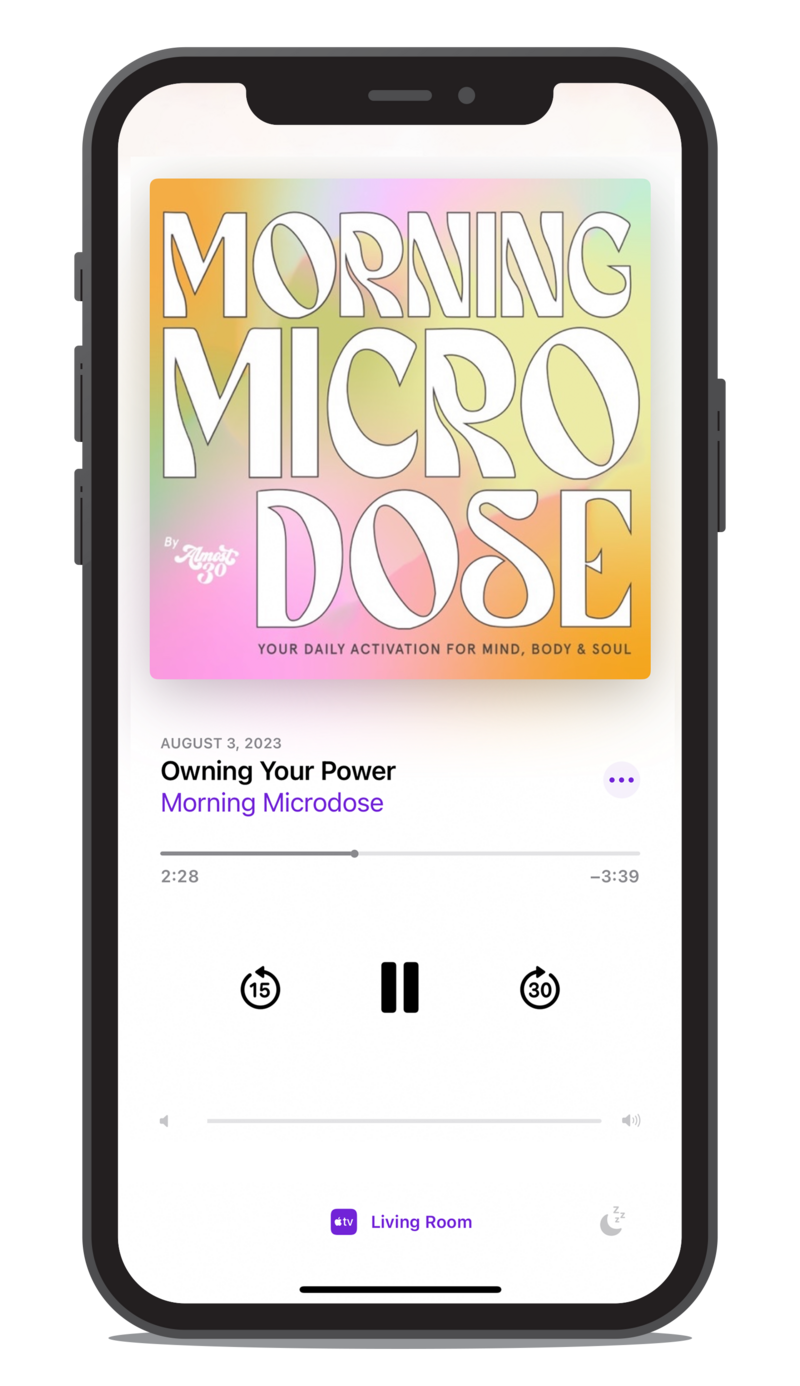 Iphone with the Morning Microdose Podcast Image on it