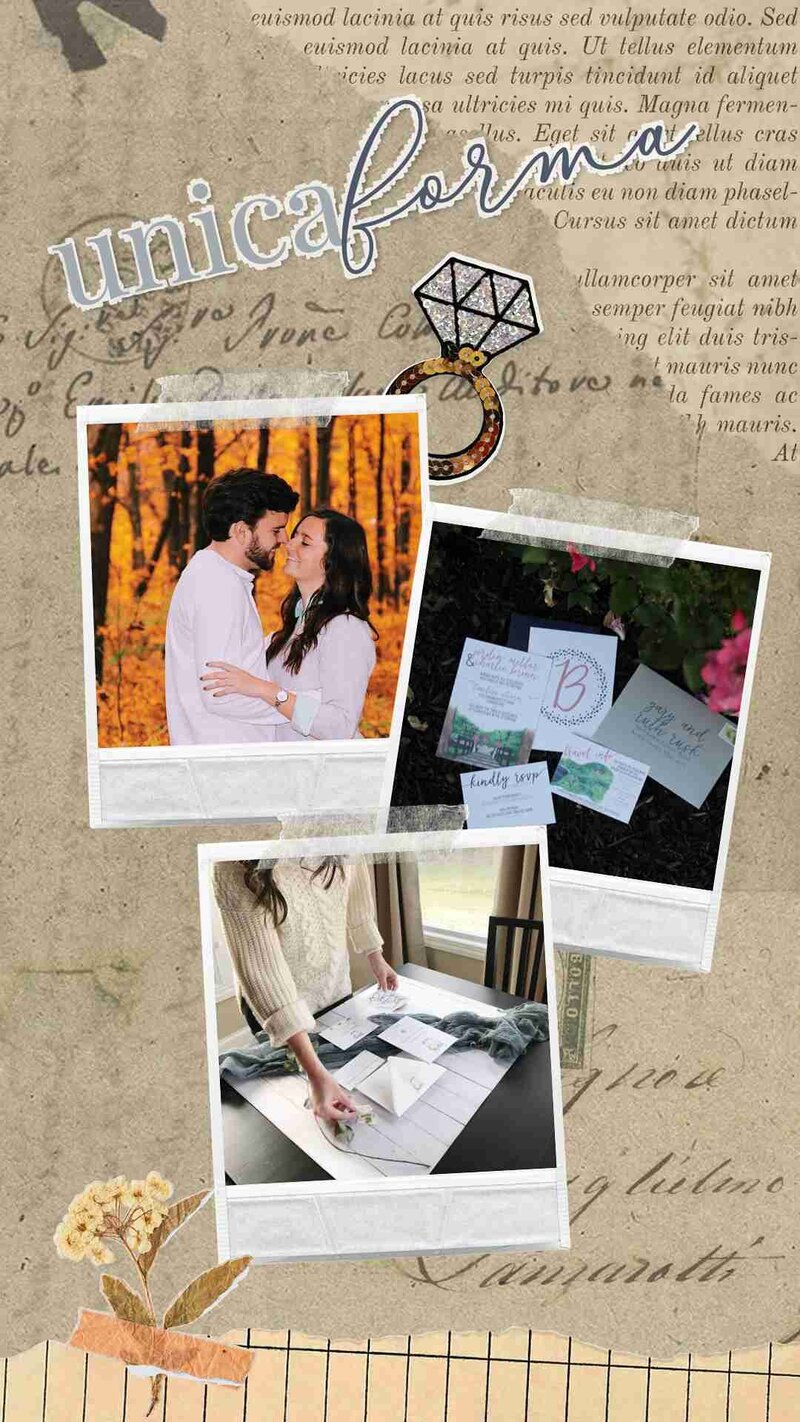 A collage showcasing a happy couple engaged, celebrating their love and the beginning of Unica Forma's journey together.