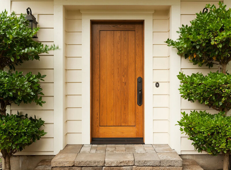 image of the exterior of a house with black siding and an oak door