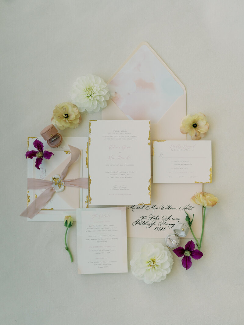 Gold Leaf and Watercolor Invitations For Wedding At The Audrey. 