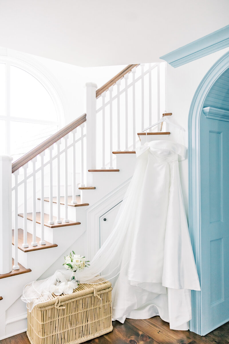 Omni Hilton Head, SC Oceanfront Wedding Venue | Wedding Dress Hanging By The Stairs