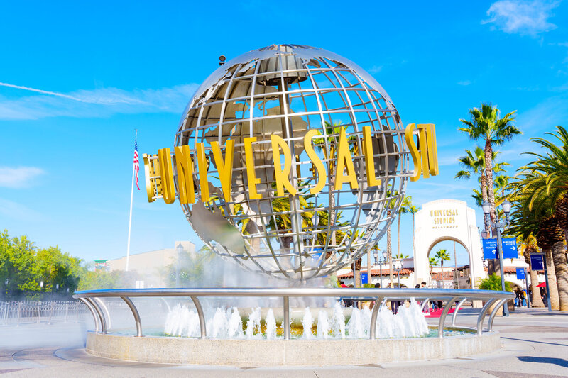 The Universal Studios Hollywood globe and fountain in front of the entrance to the theme park.