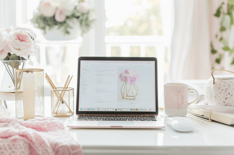 Laptop on a white desk with pink flowers