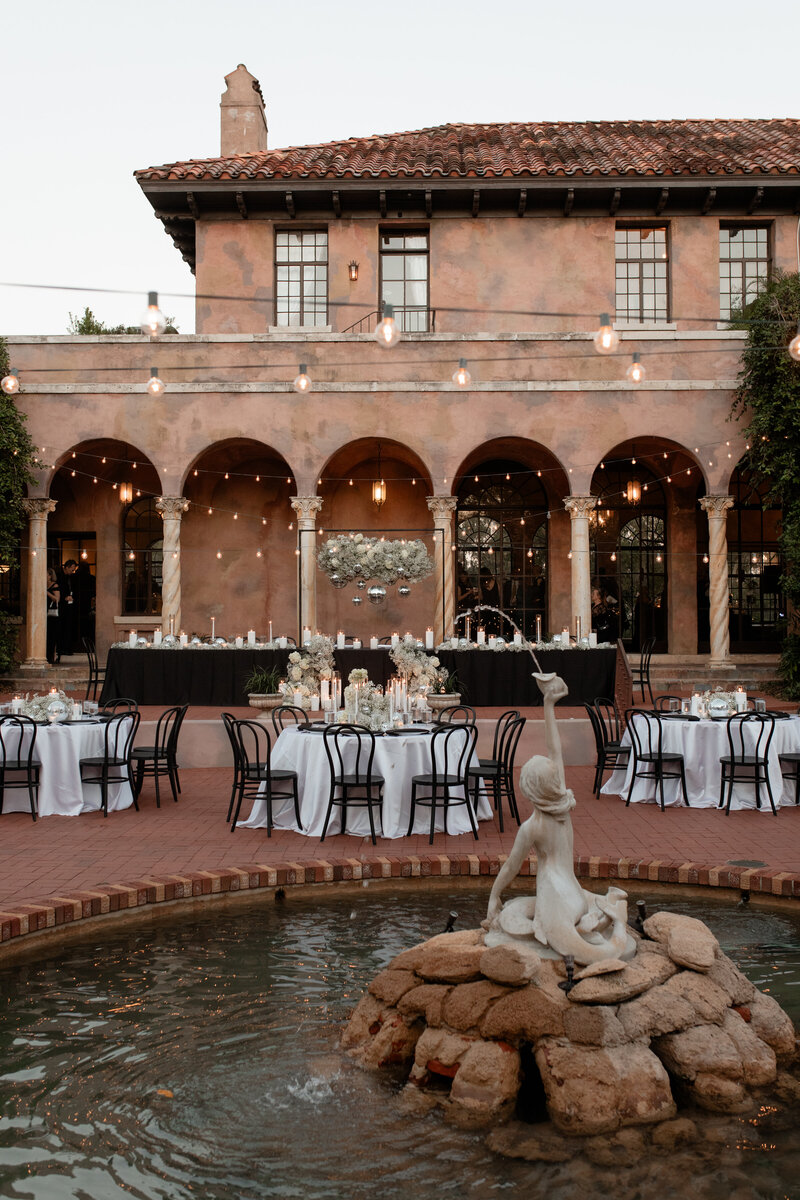 beautiful bride in front of the Howey mansion wedding venue