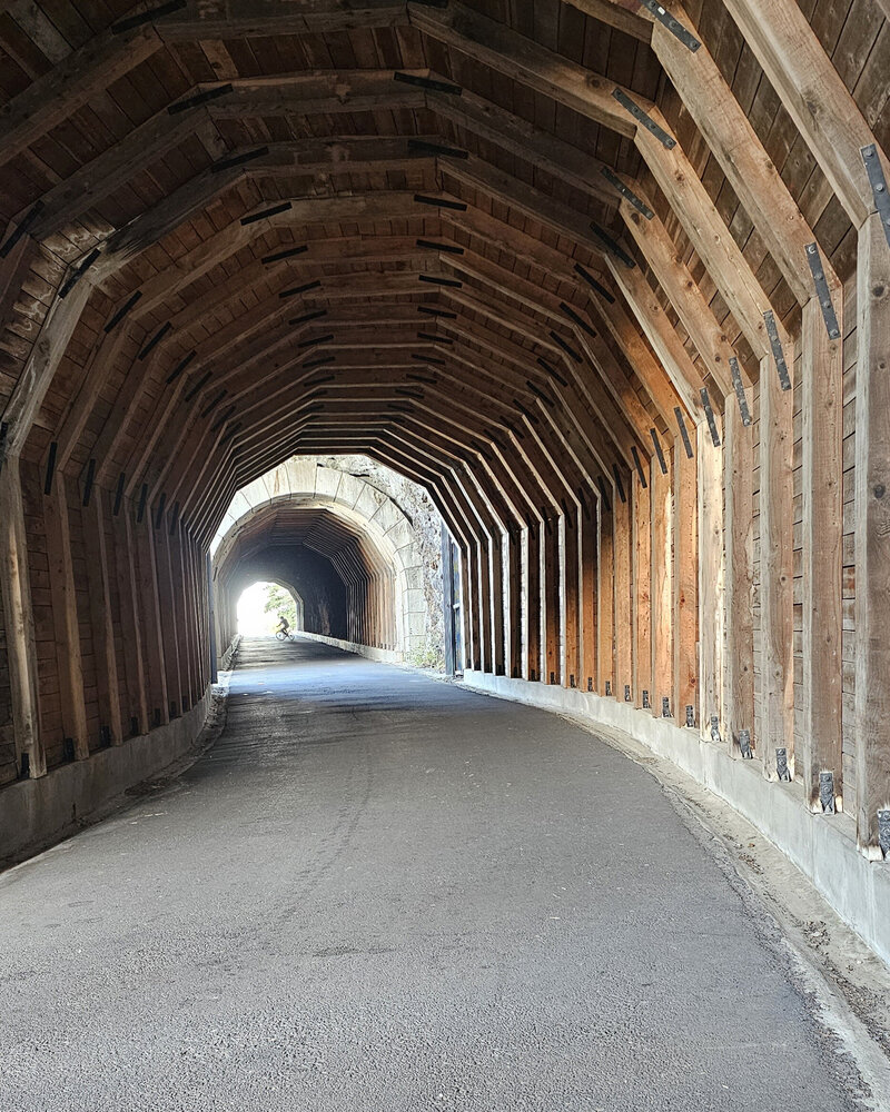 Experience the thrill of riding through the concrete tunnels in Mosier, offering a different perspective from the surrounding trees with The Gorge E-Bike Adventure Rentals