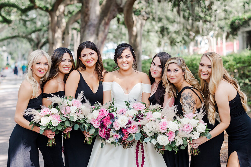 wedding bride and groom savannah georgia bridesmaids bouquet purple